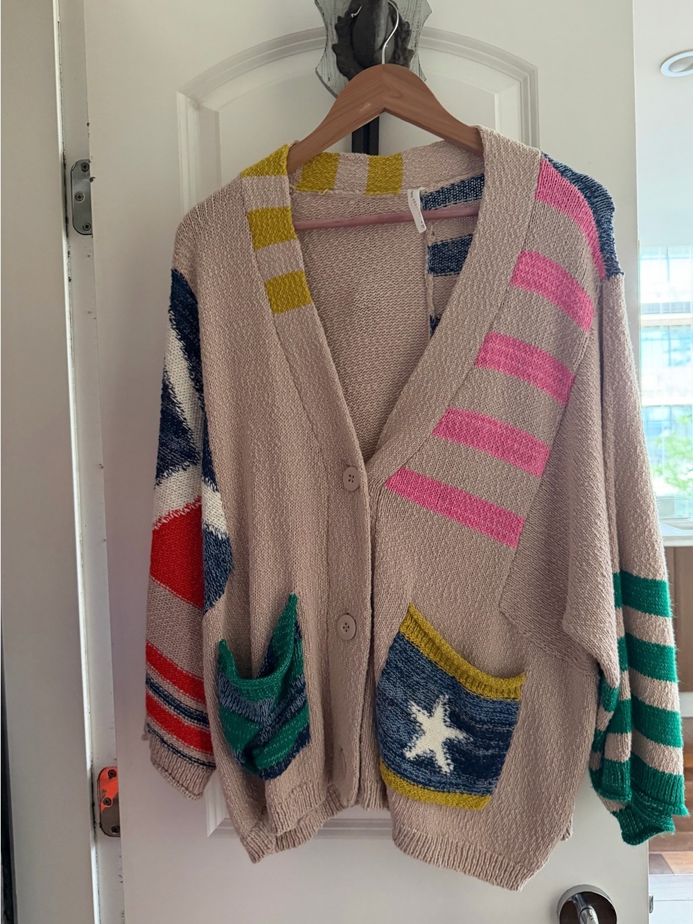 Maeve Beige Cardigan with Multicolor Stripe & Patchwork Accents